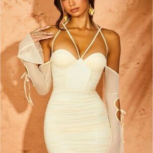Oh Polly Cream Strapless Mini Dress with Sheer Sleeves Tie Detail Corset Rouched